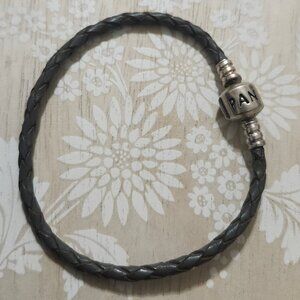 Pandora Sterling Silver Leather Black Dark Gray Charm Bracelet